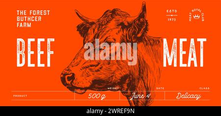 Kuh, Stier, Rinderkopf, Fleisch-Etikett. Vorlage Für Etikett Mit Fleischkennzeichnung. Vintage-Druck, Tag, Etikett Pig Sketch Tinte Bleistiftzeichnung. Fleischkühe, Bullen, Rindfleischgeschäft, Text, Typografie. Vektorabbildung Stock Vektor