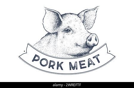 Schweinefleisch, Schweinekopf, Fleisch-Etikett. Vorlage Für Etikett Mit Fleischkennzeichnung. Vintage-Druck, Tag, Etikett mit Pig Sketch Tusche Bleistiftzeichnung. Fleischerei Schweinekopf Fleischgeschäft, Text, Typografie. Vektorabbildung Stock Vektor