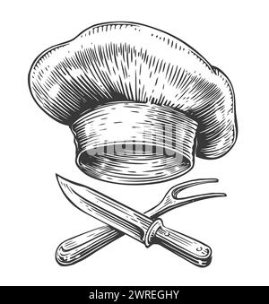 Kochmütze und gekreuztes Messer, Gabel. Grillgerichte, Barbecue-Emblem. Handgezeichnete Skizze Vintage Vektor Illustration Stock Vektor