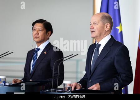 R-L Olaf Scholz, Bundeskanzler, und Ferdinand Marcos Jr., StaatsprâˆöÂßsident der Republik der Philippinen, aufgenommen im Rahmen eines gemeinsamen Treffens in Berlin, 12.03.2024. Berlin Deutschland *** R L Olaf Scholz, Bundeskanzler, und Ferdinand Marcos Jr , Präsident der Republik Philippinen, auf einer gemeinsamen Sitzung in Berlin, 12 03 2024 Berlin Deutschland Copyright: xJulianexSonntagxphotothek.dex Stockfoto