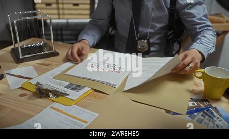 Ein junger Mann mit einem Ausweis untersucht Dokumente im Büro eines Detektivs, was auf einen Polizeiermittlungsort hindeutet. Stockfoto
