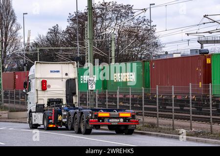 Hafen Hamburg, Container Umschlag, Bahnlinie am Container Terminal Burchardkai, Transport auf der Schiene und Straße, vom und zum Hafen, Hamburg Deutschland, Containerhafen HH *** Hafen Hamburg, Containerumschlag, Bahnlinie am Container Terminal Burchardkai, Transport per Bahn und Straße, vom und zum Hafen, Hamburg Deutschland, Containerhafen HH Stockfoto