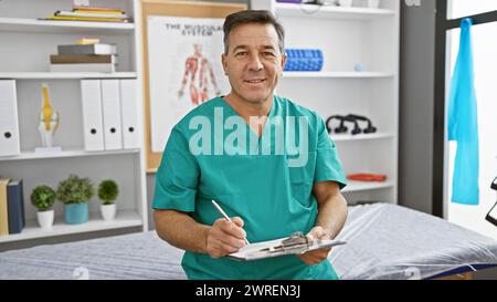 Lächelnder reifer Mann in Schrubben mit Klemmbrett in moderner Klinik Stockfoto