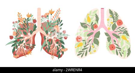 Set aus zwei handgezeichneten menschlichen Lungen voller bunter, sanfter Blumen und Blätter. Stock Vektor