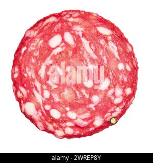 Nahaufnahme einer einzelnen Salami-Scheibe vor weißem Hintergrund, detailliert und strukturiert, geeignet für Lebensmittel-Themen. Stockfoto