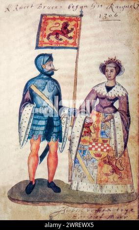 Robert I. von Schottland (1274–1329), bekannt als „Robert the Bruce“, König von Schotten 1306-1329 mit seiner ersten Frau Isabella of Mar (ca. 1277–1296), illustriertes Porträtmalerei, 1591 Stockfoto