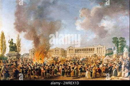 Französische Revolution. Feier der Einheit und der Wiedervereinigung am Place de la Révolution, Paris, Frankreich, am Tag der Einheit, 10. August 1793, Ölgemälde auf Leinwand von Pierre-Antoine Demachy, um 1793 Stockfoto