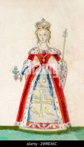 Königin Margarete von Schottland, auch bekannt als Saint Margaret von Schottland (ca. 1045–1093), auch bekannt als Margarete von Wessex. Englische Prinzessin und Königin Consort von Schottland 1070–1093, illustriertes Portraitgemälde, ca. 1562 Stockfoto