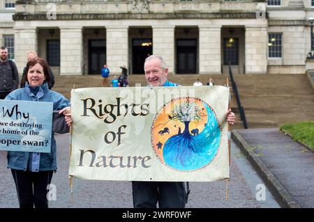 Belfast, Vereinigtes Königreich 12 03 2024 Demonstranten in Stomont Parliament Building Teil der Kampagne Save Lough Neagh Belfast Northern Ireland Credit: HeadlineX/Alamy Live News Stockfoto