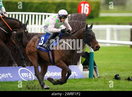 Der Gaelic Warrior wurde von Paul Townend auf dem Weg zum Gewinn der My Pension Expert Arkle Challenge Trophy Novices' Chase am ersten Tag des Cheltenham Festivals 2024 auf der Cheltenham Racecourse gefahren. Bilddatum: Dienstag, 12. März 2024. Stockfoto