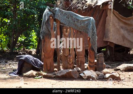 Waga, geschnitzte Grabmarkierungen aus Holz, die manchmal als Totems bezeichnet werden. Karat Konso. Äthiopien. Stockfoto