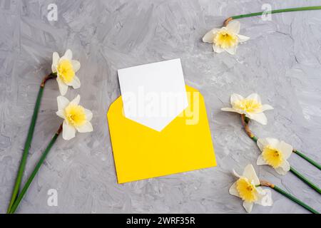 Gelber Umschlag mit leerer Karte und Narzissen Blumen auf strukturiertem grauen Hintergrund. Draufsicht, flach, Modell. Stockfoto