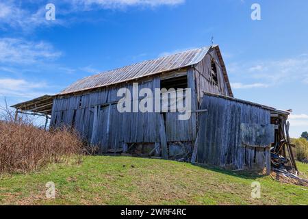 Verlassene alte Scheune im ländlichen Virginia, auf einem Hang. Stockfoto