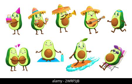 Comic mexikanische fröhliche Avocadofiguren. Niedliche Vektorfiguren aus grünen Früchten machen Yoga-Übungen, spielen Gitarre, Maracas und Trompete, surfen, laufen und Sonnenbaden mit Sonnenbrille und Sombrero Stock Vektor