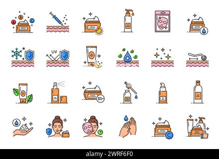 Gesicht und Hände Hautpflege, Dermatologie-Linien-Symbole. Körperhygiene Behandlung umreißen Vektorpiktogramme mit Sonnencreme, Feuchtigkeitscreme oder Lotion, Hautspritze, Gesichtsmaske und Nadelwalze Stock Vektor