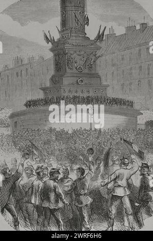Frankreich. Kommune Paris. Revolutionäre Volksbewegung, die vom 18. März bis 28. Mai 1871 in Paris die Macht übernahm, während des Deutsch-Französischen Krieges. Unruhen am Place de la Bastille. Gravur. Historia de la Guerra de Francia y Prusia (Geschichte des Krieges zwischen Frankreich und Preußen). Band II Veröffentlicht in Barcelona, 1871. Stockfoto