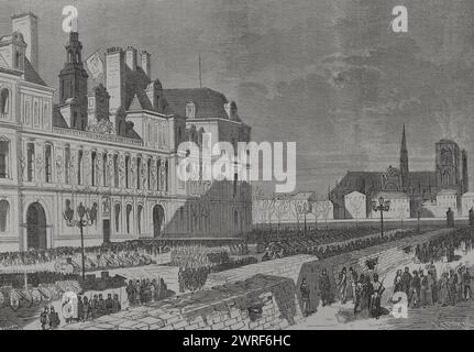 Frankreich. Kommune Paris. Revolutionäre Volksbewegung, die vom 18. März bis 28. Mai 1871 in Paris die Macht übernahm, während des Deutsch-Französischen Krieges. Barrikaden und Artilleriepark der Kommunarden, Place de l'Hôtel de Ville. Zeichnung von Miranda. Stich von Laporta. Historia de la Guerra de Francia y Prusia (Geschichte des Krieges zwischen Frankreich und Preußen). Band II Veröffentlicht in Barcelona, 1871. Stockfoto