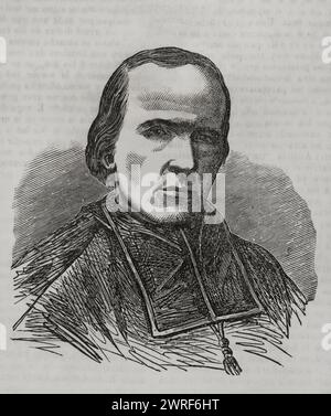 Georges Darboy (1813-1871). Katholischer Priester, Bischof von Nancy, Erzbischof von Paris und kirchlicher Schriftsteller. Während der Pariser Kommune wurde er am 24. Mai 1871 von den Revolutionären verhaftet und hingerichtet. Hochformat. Gravur. Historia de la Guerra de Francia y Prusia (Geschichte des Krieges zwischen Frankreich und Preußen). Band II Veröffentlicht in Barcelona, 1871. Stockfoto