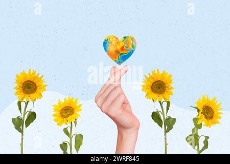 Composite Photo Collage der Hand Geste zeigen Herz Erde Globus Feld Sonnenblumen Erhaltung isoliert auf gemalten Hintergrund Stockfoto