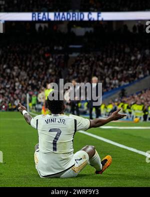Madrid, Spanien. März 2024. Vinicius Junior von Real Madrid spielte während des La-Liga-Spiels zwischen Real Madrid und RC Celta am 10. März 2024 im Santiago Bernabeu Stadion in Madrid. (Foto: Cesar Cebolla/PRESSINPHOTO) Credit: PRESSINPHOTO SPORTS AGENCY/Alamy Live News Stockfoto
