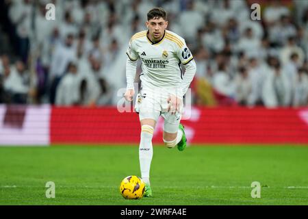 Madrid, Spanien. März 2024. Fede Valverde von Real Madrid spielte während des La-Liga-Spiels zwischen Real Madrid und RC Celta am 10. März 2024 im Santiago Bernabeu Stadion in Madrid. (Foto: Cesar Cebolla/PRESSINPHOTO) Credit: PRESSINPHOTO SPORTS AGENCY/Alamy Live News Stockfoto