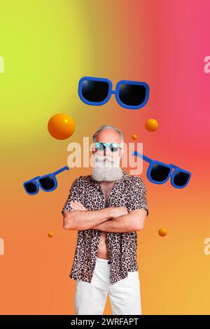 Kreative vertikale Fotocollage stehend pensionierter Mann Sonnenbrille gefaltete Hände stilvoller flippiger Mann Großvater Touristenurlaub Sommer Stockfoto