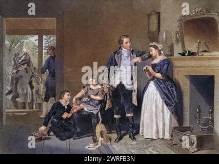 Washingtons erstes Gespräch mit Mrs. Custis George Washington 1732 bis 1799 Martha Dandridge Custis Washington 1731 bis 1802 nach Alonzo Chappel aus Leben und Zeiten Washingtons Band 1, veröffentlicht 1857 / Washingtons erstes Interview mit Mrs Custis George Washington 1732 bis 1799 Martha Dandridge Custis Washington 1731 bis 1802 nach Alonzo Chappel aus Life and Times of Washington Volume 1 published 1857, Historisch, digital restaurierte Reproduktion von einer Vorlage aus dem 19. Jahrhundert, Datum nicht angegeben, Stockfoto