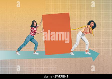 Skizzenbild Composite Trend Artwork Foto Collage von zwei jungen Lieferarbeitern Courier Damen schickt Versandprodukt an Kunden Stockfoto