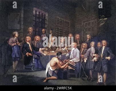 Bambridge on Trial for Mord by a Committee of Commons graviert von S Bull nach Hogarth aus den Werken von Hogarth veröffentlichte London 1833 , Historisch, digital restaurierte Reproduktion von einer Vorlage aus dem 19. Jahrhundert, Datum nicht angegeben, Stockfoto