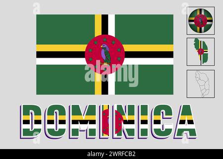 Dominica-Flagge und Karte in Vektorillustration Stock Vektor