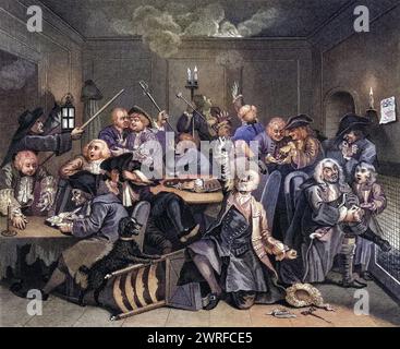 The Rakes Progress Gaming House Szene aus dem Originalbild von Hogarth aus den Werken von Hogarth erschienen London 1833 , Historisch, digital restaurierte Reproduktion von einer Vorlage aus dem 19. Jahrhundert, Datum nicht angegeben, Stockfoto