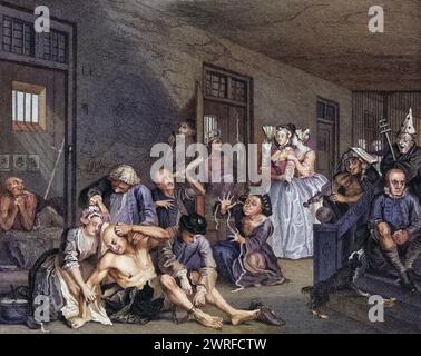 Die Fortschrittsszene der Rakes in Bedlam / The Rakes Progress Scene in Bedlam aus dem Originalbild von Hogarth aus den Werken von Hogarth erschienen London 1833 , Historisch, digital restaurierte Reproduktion von einer Vorlage aus dem 19. Jahrhundert, Datum nicht angegeben, Stockfoto