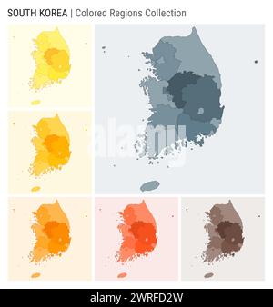 Südkorea Kartensammlung. Länderform mit farbigen Regionen. Blaugrau, Gelb, Bernstein, Orange, Deep Orange, braune Farbpaletten. Stock Vektor