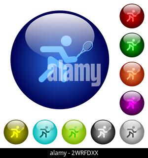 Symbole für Tennisspieler auf runden Glasknöpfen in mehreren Farben. Angeordnete Ebenenstruktur Stock Vektor