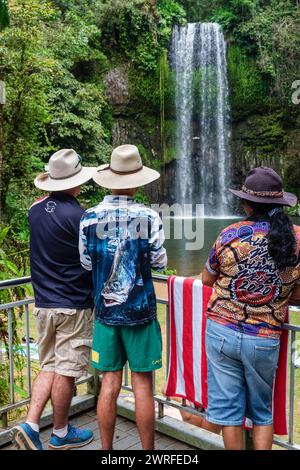 Australische Touristen, die Hüte und bunte Hemden tragen und eine Drohne fliegen, in Millaa Millaa Falls, Atherton Tablelands, Queensland, Australien Stockfoto