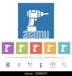 Kabellose Bohrmaschine flache weiße Symbole auf quadratischem Hintergrund. 6 Bonussymbole enthalten. Stock Vektor