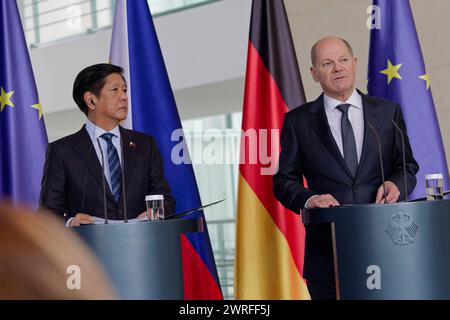 Pressekonferenz Olaf Scholz und Ferdinand Marcos Jr. 12. März 2024 Deutschland, Berlin - Gemeinsame Pressekonferenz von Bundeskanzler Olaf Scholz SPD und dem Präsidenten der Philippinen, Ferdinand Marcos Jr., im Kanzleramt. *** Pressekonferenz Olaf Scholz und Ferdinand Marcos Jr 2024 03 12 Deutschland, Berlin Gemeinsame Pressekonferenz von Bundeskanzler Olaf Scholz SPD und dem Präsidenten der Philippinen Ferdinand Marcos Jr. Im Kanzleramt Stockfoto