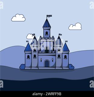Blauer Prinz mittelalterliche Vektorburg. Zeichentrickfilm Märchen Burgturm Ikone Stock Vektor
