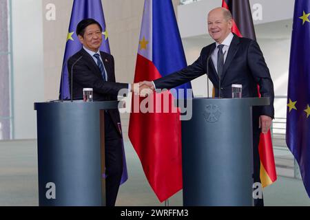 Pressekonferenz Olaf Scholz und Ferdinand Marcos Jr. 12. März 2024 Deutschland, Berlin - Gemeinsame Pressekonferenz von Bundeskanzler Olaf Scholz SPD und dem Präsidenten der Philippinen, Ferdinand Marcos Jr., im Kanzleramt. *** Pressekonferenz Olaf Scholz und Ferdinand Marcos Jr 2024 03 12 Deutschland, Berlin Gemeinsame Pressekonferenz von Bundeskanzler Olaf Scholz SPD und dem Präsidenten der Philippinen Ferdinand Marcos Jr. Im Kanzleramt Stockfoto