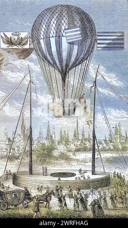 Erster Flug mit einem lenkbaren Ballon von Dijon aus am 12. Juni 1784 durch Louis Bernard Guyton de Morveau / erster Flug mit einem fließbaren Ballon aus Dijon 12 Juni 1784 von Louis Bernard Guyton de Morveau aus dem Buch Wonderdeful Balloon Ascents or the Conquest of the Sky, erschienen um 1870, Historisch, digitale restaurierte Reproduktion von einer Vorlage aus dem 19. Jahrhundert, Datum nicht angegeben, Stockfoto