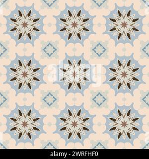 Helle Farben gemusterte Oberfläche mit geometrischen Formen. Es könnte sich um ein Design auf Stoff oder Geschenkpapier handeln, das Symmetrie und ein traditionelles Motiv zeigt. Stockfoto