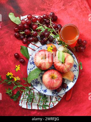 Rote Äpfel und Trauben auf rotem Hintergrund mit einer Tasse Honig. Jüdisches Neujahrsfest Rosch Hashana. Stillleben mit saisonalem Obst und Honig. Stockfoto
