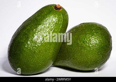 Das Bild auf weißem Hintergrund mit der sehr köstlichen grünen Frucht namens Avocado. Avocados sind sehr reich an Vitaminen und gesund. Hohe Qualität Stockfoto