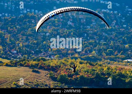 Gleitschirmfliegen über eine malerische Herbstlandschaft mit bunten Bäumen und einem Wohngebiet im Hintergrund Stockfoto