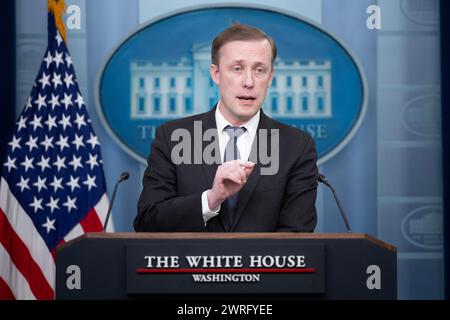 Washington, Usa. März 2024. Jake Sullivan, US-Sicherheitsberater, spricht während einer Pressekonferenz im James S. Brady Press Briefing Room im Weißen Haus in Washington, DC am Dienstag, den 12. März 2024. Das Weiße Haus kündigte ein Paket von 300 Millionen US-Dollar an Militärhilfe für die Ukraine an, was die jüngsten Bemühungen der Biden-Regierung um Hilfe für Kiew darstellt, da der Kongress noch immer in der Sackgasse ist. Foto von Tom Brenner/UPI Credit: UPI/Alamy Live News Stockfoto