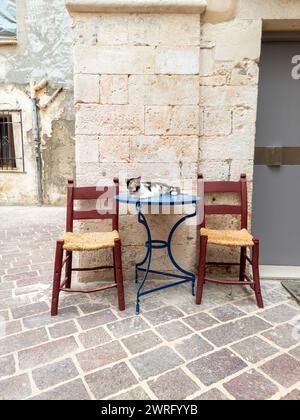 Altstadt von Chania, Insel Kreta Reiseziel Griechenland. Calico-Katze liegt auf einem leeren Tisch im Freien, Stuhl vor Steinmauer auf einer gepflasterten Gasse. Vertikal Stockfoto