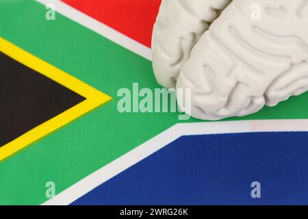Detaillierte Nahaufnahme des plastischen Modells des Gehirns auf der südafrikanischen Flagge, zeigt die komplizierten Details und Strukturen. Stockfoto