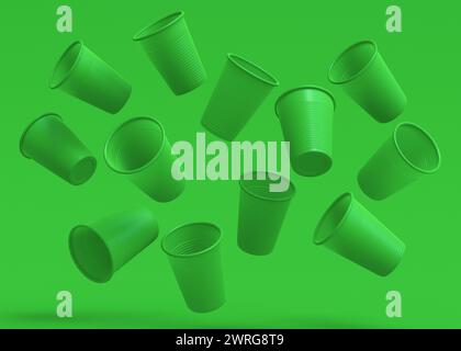 Set aus Kunststoff Einweg-Partybecher isoliert auf monochromem grünem Hintergrund. 3D-Rendering von Take Away Glas für Saft, frisch, Bier Stockfoto