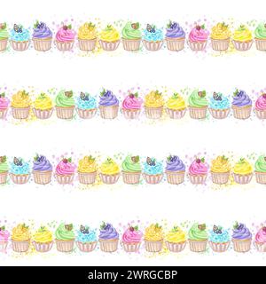 Bunte Cupcakes Muffins in Regenbogenmuster, süße Schlagsahne. Beeren, Zitrusfrüchte, Blatt. Handgezeichnete Aquarellillustration isoliert Stockfoto