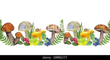 Nahtlose botanische Grenze: Essbare Pilze, Blätter und Beeren, Farn, Schnecke, Gras, Preiselbeere, Eberesche. Aquarellillustration von Hand zeichnen Stockfoto